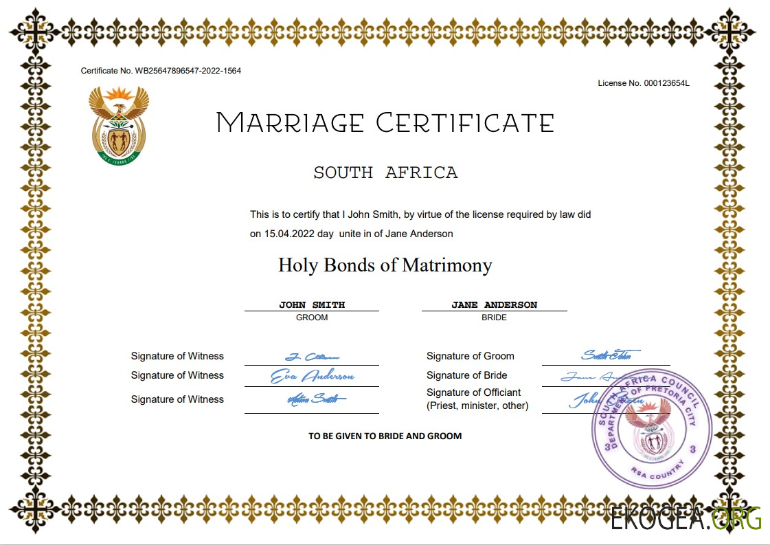 Modèle Word et PDF de certificat de mariage en Afrique du Sud